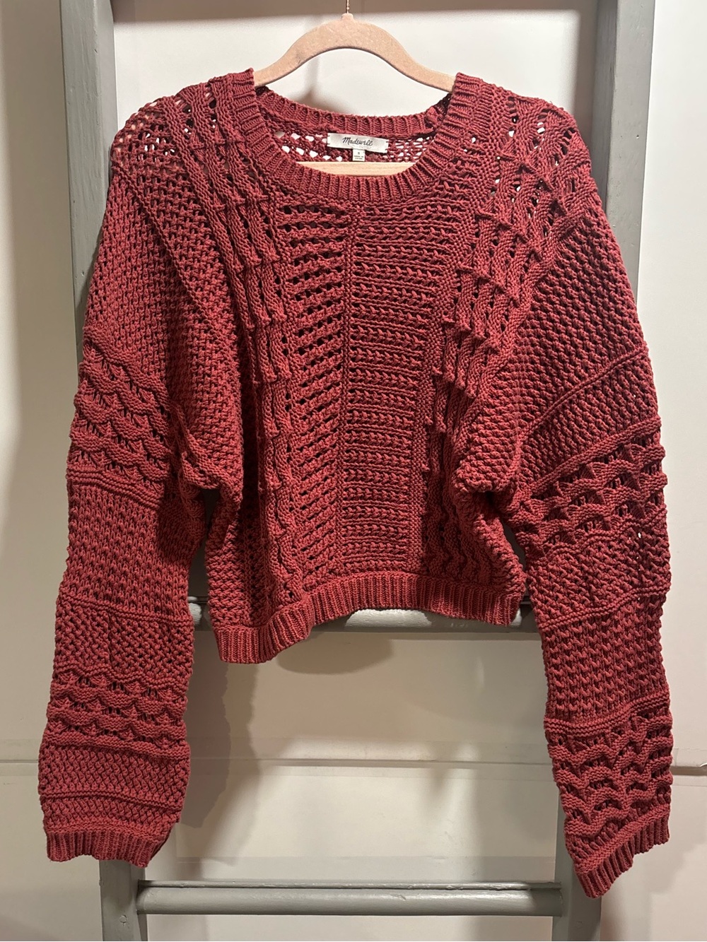 Madewell Sm natural Crewneck Sweater, 100% cotton, cropped, open knit, preppy
